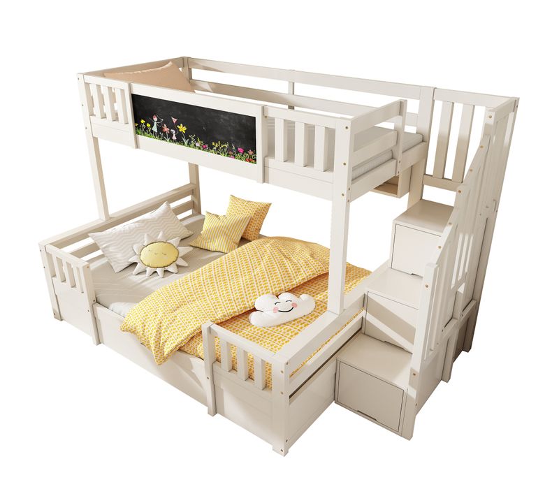 Lit Superposé 90x200/140x200 Cm, Escalier Rangement, 2 Tiroirs, Tableau, Mdf Bois, Blanc