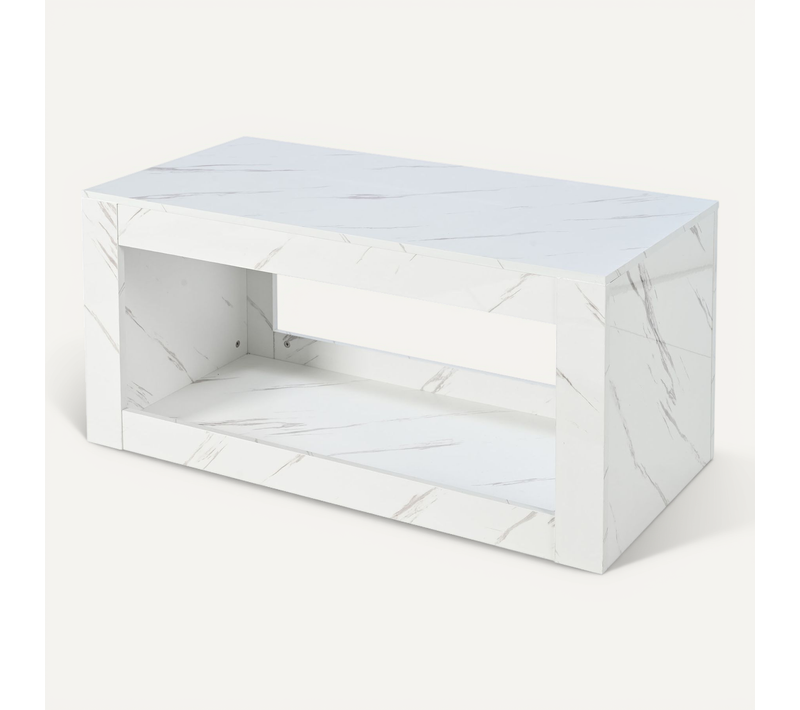 Table Basse LED Rectangulaire, Haut Brillant, Décor Effet Marbre, Espace De Rangement, Blanc