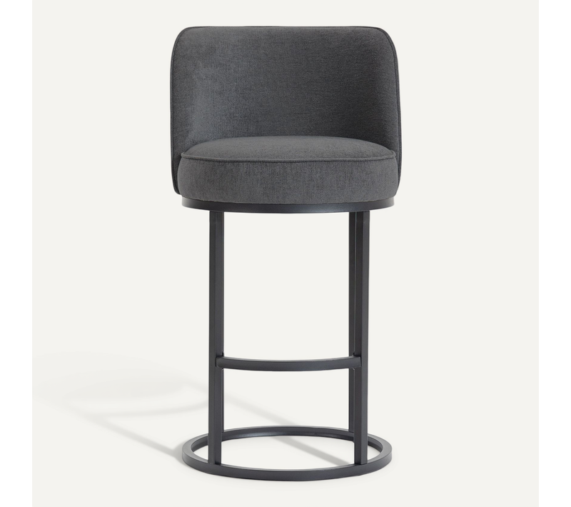 Tabouret De Bar Lot De 2, Dossier Incurvé, Revêtement Lin Gris, Pieds Métal Noir
