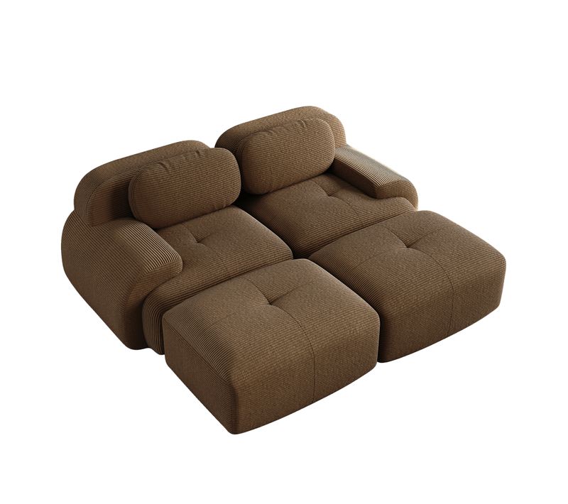 Canapé 2 Places - Sans Montage, 2 Poufs, Accoudoirs Ergonomiques, Velours Côtelé, Marron