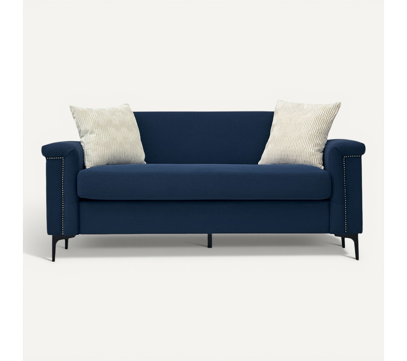 Canapé Droit 2 Places Avec Accoudoirs Larges Et Pieds Hauts En Tissu Bleu 172 Cm