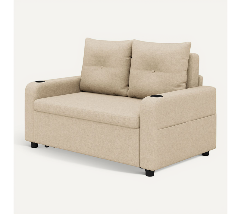 Canapé 3-en-1 Convertible Avec Couchage, Porte-gobelets, USB, Tissu Coton-lin, Beige