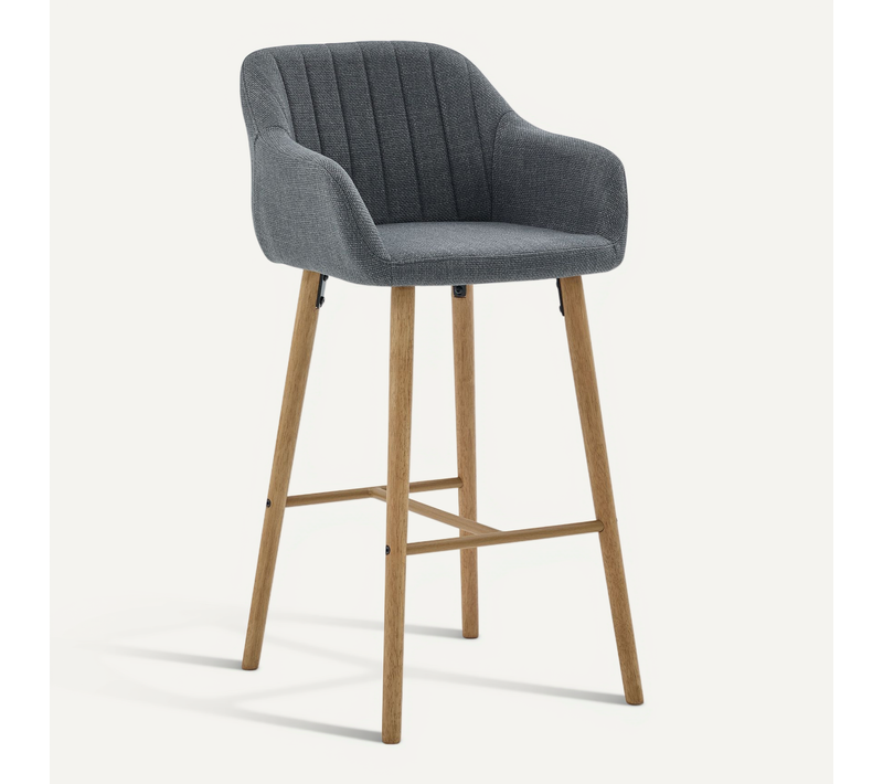 Tabouret De Bar Lot De 2, Dossier Haut, Accoudoirs, Assise Confortable, Pieds Bois, Lin Gris