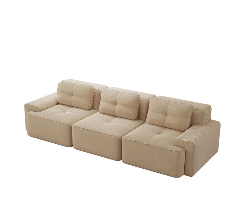 Canapé 3 Places Modulable, Sans Assemblage, Assise Profonde Et Confortable, Velours Côtelé Beige