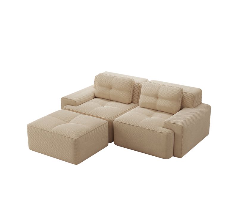 Canapé Modulable 2 Places En L Avec Pouf, Sans Assemblage, Effet Nuage, Velours Côtelé Beige