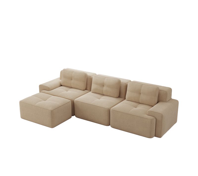 Canapé Modulable 3 Places En L Avec Pouf, Sans Assemblage, Effet Nuage, Velours Côtelé Beige