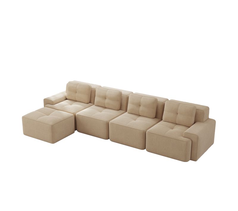 Canapé Modulable 4 Places En L Avec Pouf, Sans Assemblage, Effet Nuage, Velours Côtelé Beige