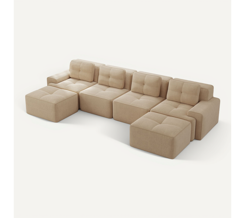 Canapé Modulable 4 Places En U Avec 2 Poufs, Sans Assemblage, Sans Structure, Velours Côtelé Beige