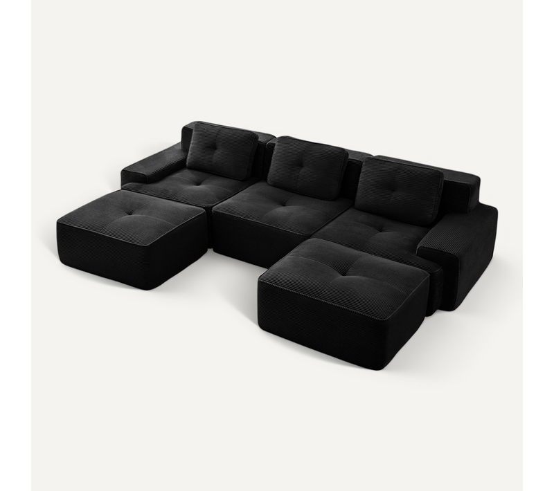 Canapé Modulable 3 Places En U Avec 2 Poufs, Sans Assemblage, Sans Structure, Velours Côtelé Noir