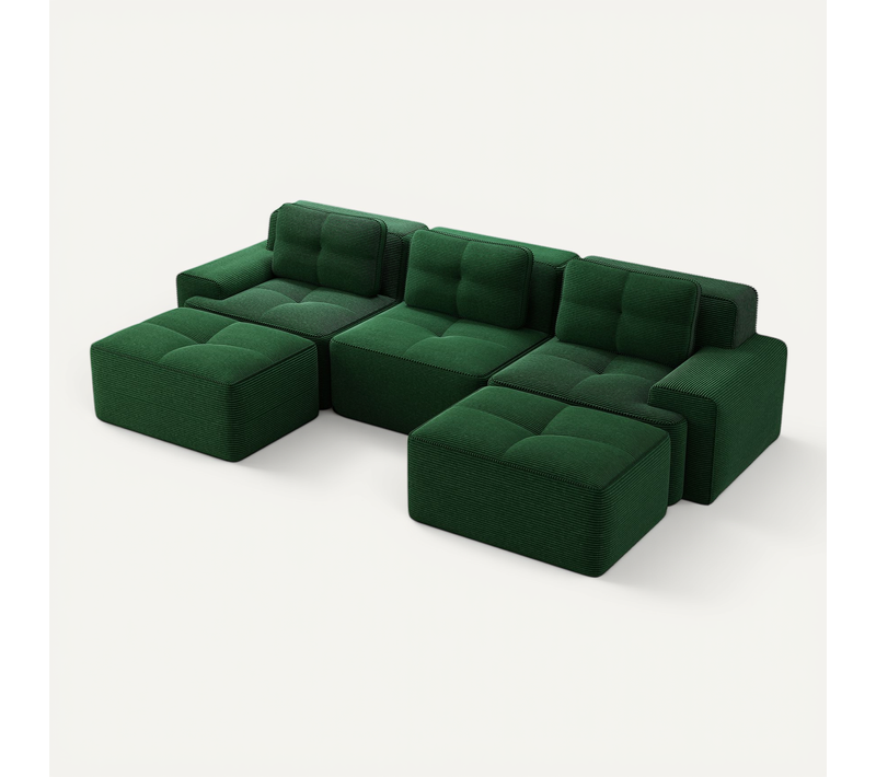 Canapé Modulable 3 Places En U Avec 2 Poufs, Sans Assemblage, Sans Structure, Velours Côtelé Vert
