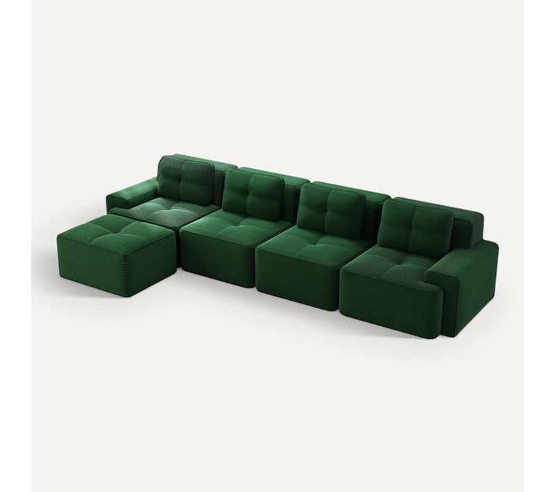 Canapé Modulable 4 Places En L Avec Pouf, Sans Assemblage, Effet Nuage, Velours Côtelé Vert
