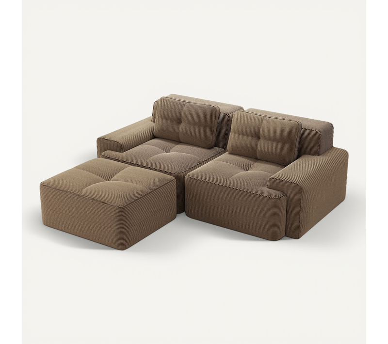 Canapé Modulable 2 Places En L Avec Pouf, Sans Assemblage, Effet Nuage, Velours Côtelé Brun