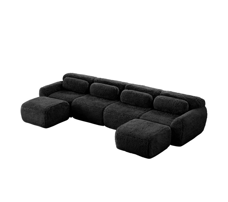 Canapé 4 Places En U, 2 Poufs, Mousse Haute Résilience, Coussins, Sans Montage, Peluche, Noir