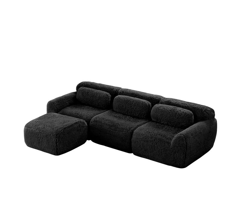 Canapé D’angle Compressé 3 Places Avec Pouf, Tissu Peluche, Noir