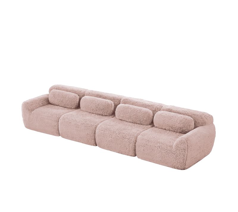 Canapé Droit Moelleuse 4 Places, Mousse Haute Résilience, Sans Montage, Coussins, Peluche, Rose