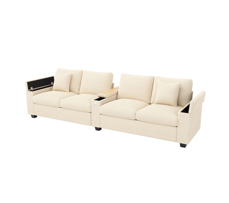 Canapé Droit 4 Places Moderne Avec Console Centrale Et Ports USB, Velours Côtelé, Beige