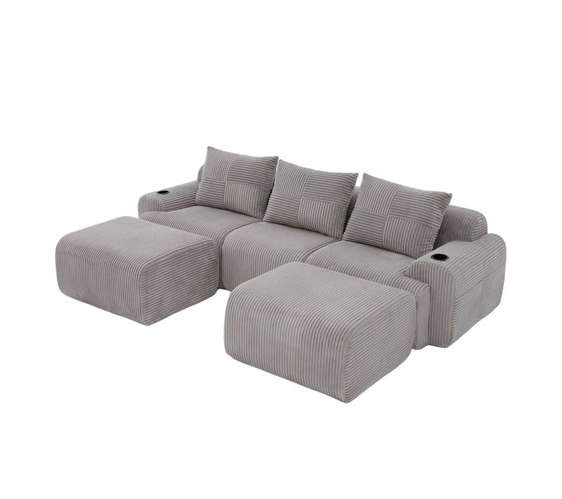 Canapé Modulable 3 Places Avec 2 Poufs, Porte-gobelet Et Poche Latérale, Velours Côtelé Gris Clair