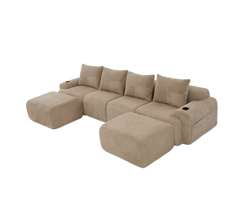 Canapés compressés 4 Places Avec 2 Poufs, Porte-gobelet Et Poche Latérale, Velours Côtelé Kaki