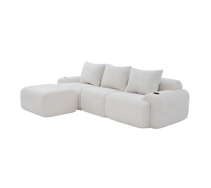 Canapé Modulable 3 Places Avec Pouf, Porte-gobelet Et Poche Latérale, Velours Côtelé Beige