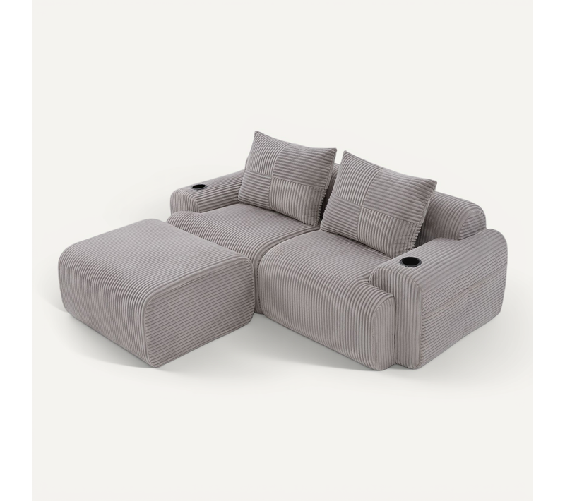 Canapé Modulable 2 Places Avec Pouf, Porte-gobelet Et Poche Latérale, Velours Côtelé Gris Clair