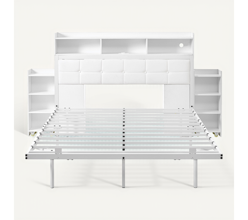 Lit Double Avec LED, USB, Type-c Et 2 Tables De Chevet 140×190 Cm, Sans Matelas Blanc