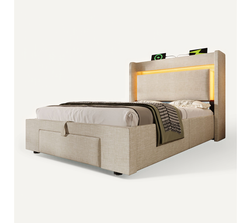 Lit Coffre 90x200 Cm - Lit Simple Avec LED Et USB, Niche De Rangement, En Lin Beige