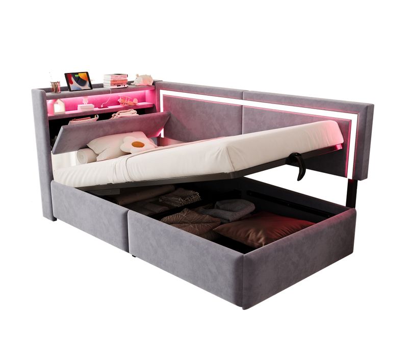 Lit Simple 90×200 Cm, Coffre Hydraulique, LED Et USB, Tête De Lit Rangement, Velours Gris Clair