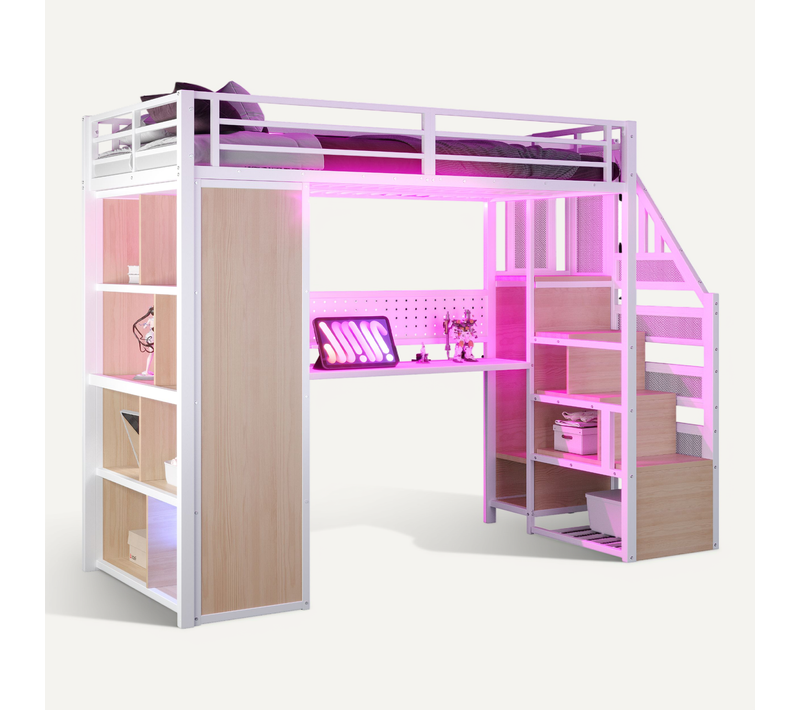 Lit Mezzanine 90×200 Cm Avec Bureau, Escalier, Armoire, LED Et Panneau Perforé, Blanc