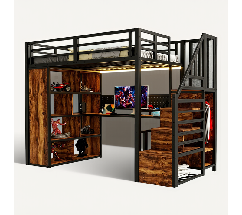 Lit Mezzanine 90×200 Cm Avec Escalier, Bureau, LED, Rangements Et Armoire - Noir
