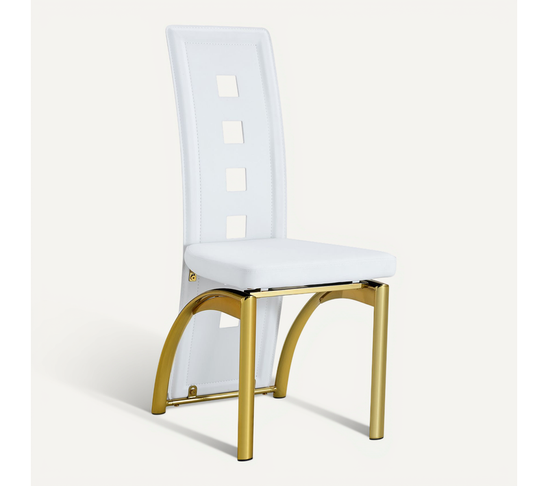 Lot De 2 Chaises De Salle à Manger - Dossier Ajouré - En Pu Et Métal - Blanc Doré