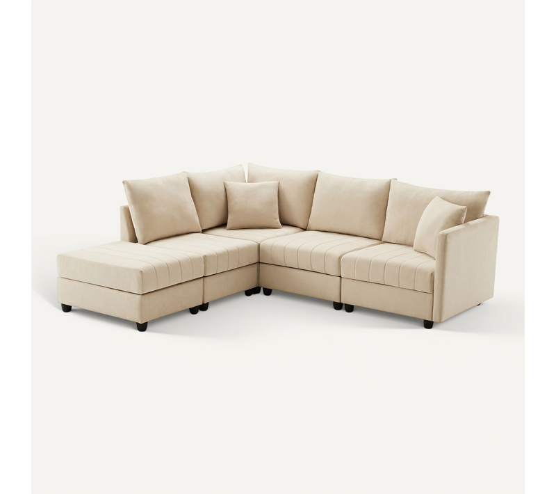 Canapé D’angle 5 Places Avec Pouf Amovible, Config L Ou U, Coton-lin, Beige