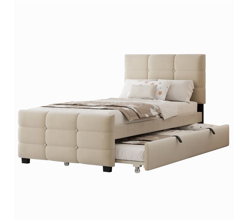 Lit Gigogne 1 Place, Tête Capitonnée, 90 X 190 Cm, Matelas Non Inclus, Beige