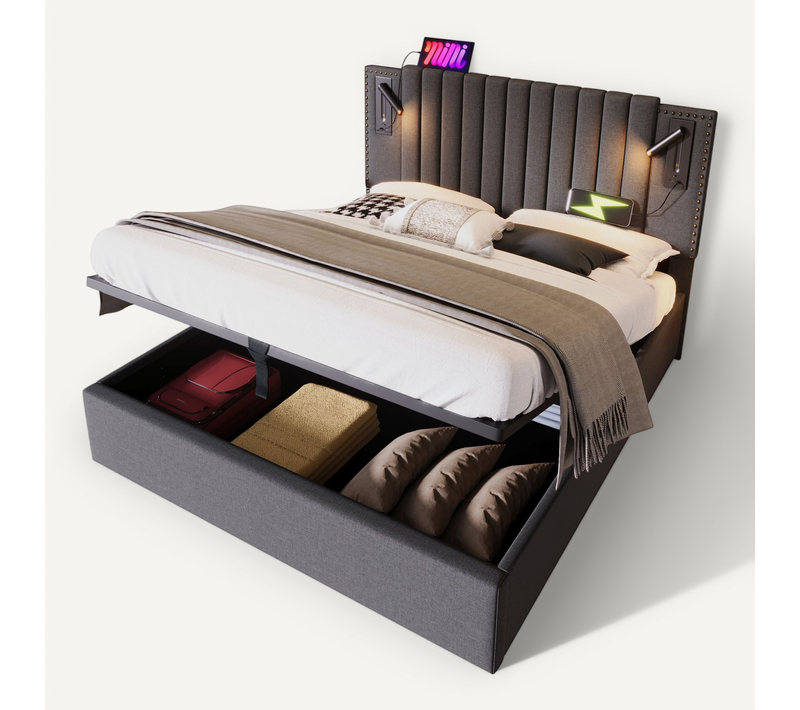 Lit Coffre 180x200 Cm Double Capitonné Avec Rangement, Lampe De Lecture, USB/type-c, Coton Gris