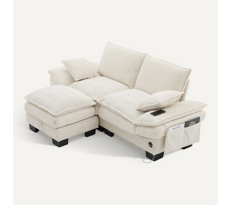Canapé Modulaire 2 Places Avec Pouf - USB-c Et Poches Latérales - Velours Côtelé Beige