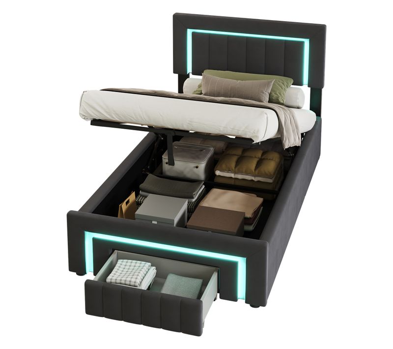 Lit 90x190 Cm Rempli Avec Boxspring - LED Intégrée Et Tiroirs De Rangement - Velours Gris