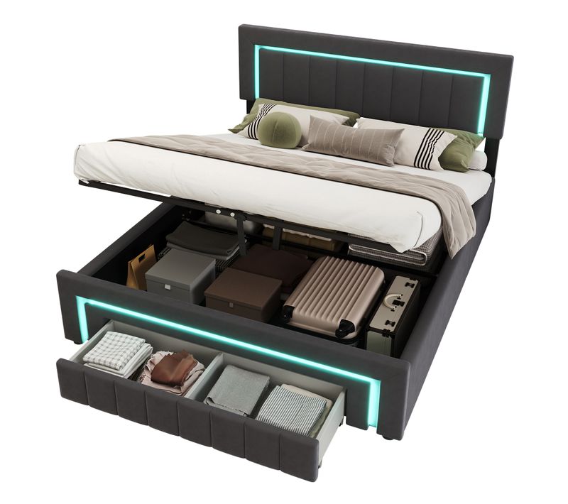 Lit Coffre 140x190 Cm Avec Revêtement En Velours Gris Foncé - Cadre Métal Et Bois