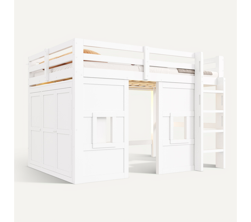 Lit Mezzanine 140×200 Cm Avec Armoire, 2 Fenêtres Et LED Réglable, Bois, Blanc