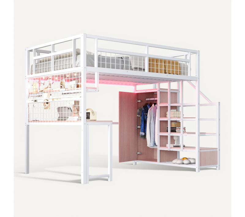 Lit Mezzanine 140×200 Cm, Escalier, Bureau, Penderie, LED Et Prise, Blanc