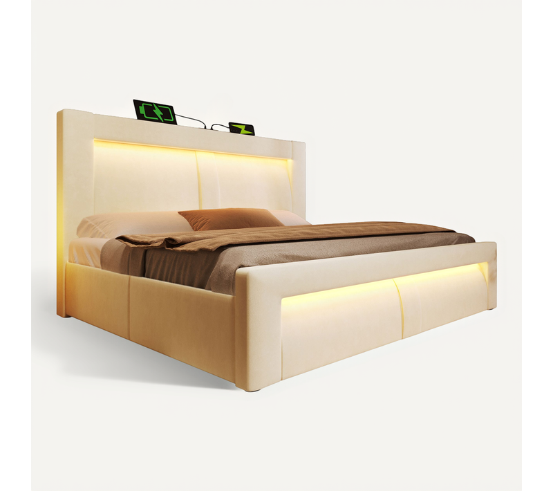 Lit Coffre Lit Double Avec USB, Type-c Et LED 140×200 Cm, Matelas Non Inclus