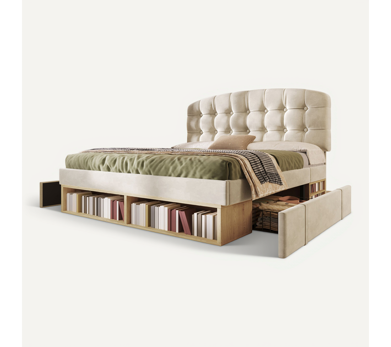 Lit Avec Tiroirs Lit Double Tête Réglable Et Rangements 140×200 Cm Sans Matelas