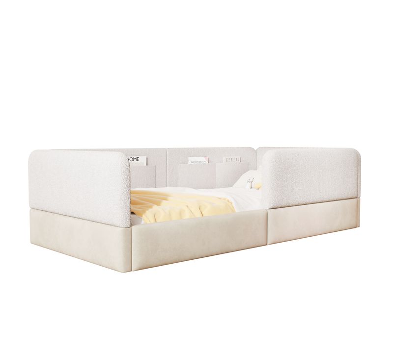 Lit Enfant 90×200 Cm Avec Barrière, Poches De Rangement, Velours, Blanc