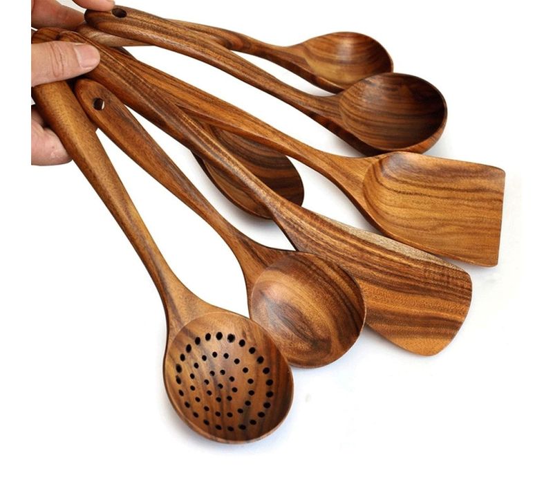 Cuillères En Bois Pour Cuisine, Set De 7, Ustensiles Et Spatules En Bois Pour Cuisson