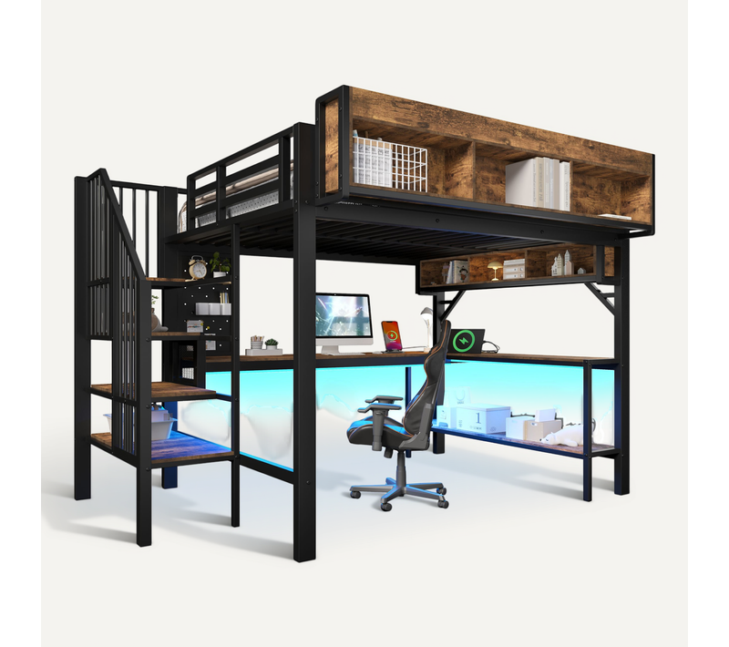 Lit Mezzanine 140 X 200 Cm Bureau D'angle, USB, Type-c, LED, Rangements, Bois Noir Vintage