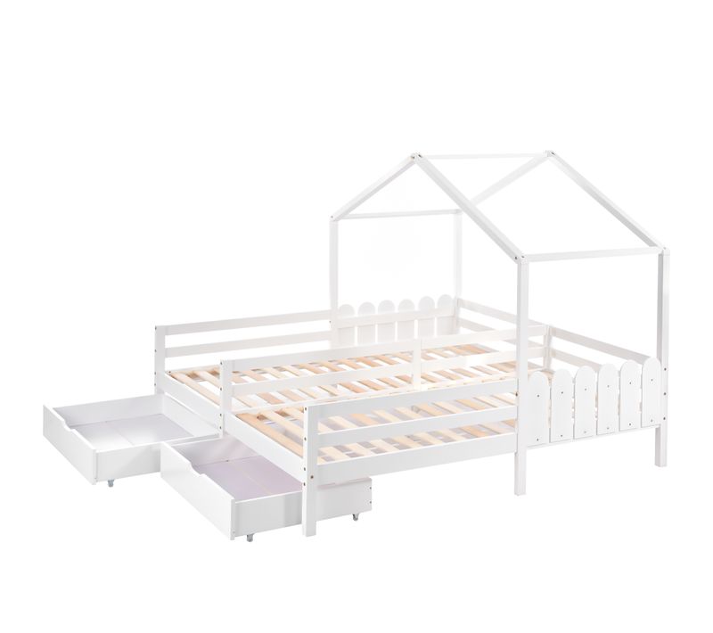 Lit Double 200x90 Cm, Maison Partagée Avec 2 Tiroirs Mdf Sur Roulettes, Couleur Blanc
