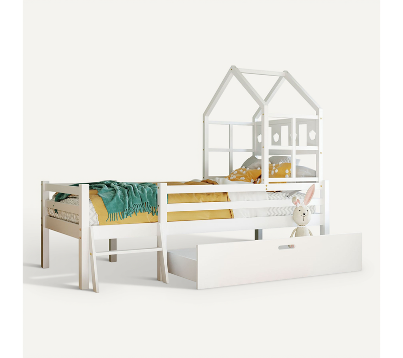 Lit Cabane Enfant 90x200 Cm, 1 Grand Tiroir De Rangement, Barrière 28 Cm, Bois, Blanc, Échelle