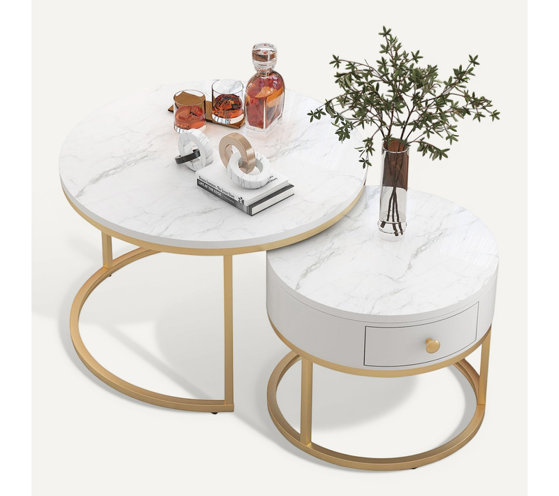 Lot De 2 Table Basse Gigogne 70x70x48+50x50x43.5cm, Empilable, Motif De Marbre En Mdf, Blanc + Doré