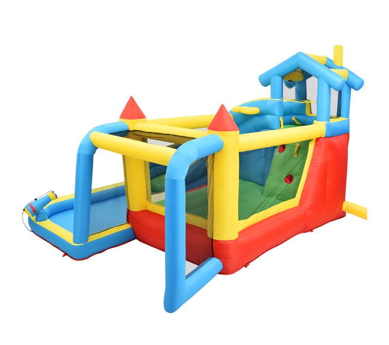 Château Gonflable 364x315x239 Cm, 5 Zones De Jeu Avec Toboggan Et Piscine, Tissu Oxford, Bleu