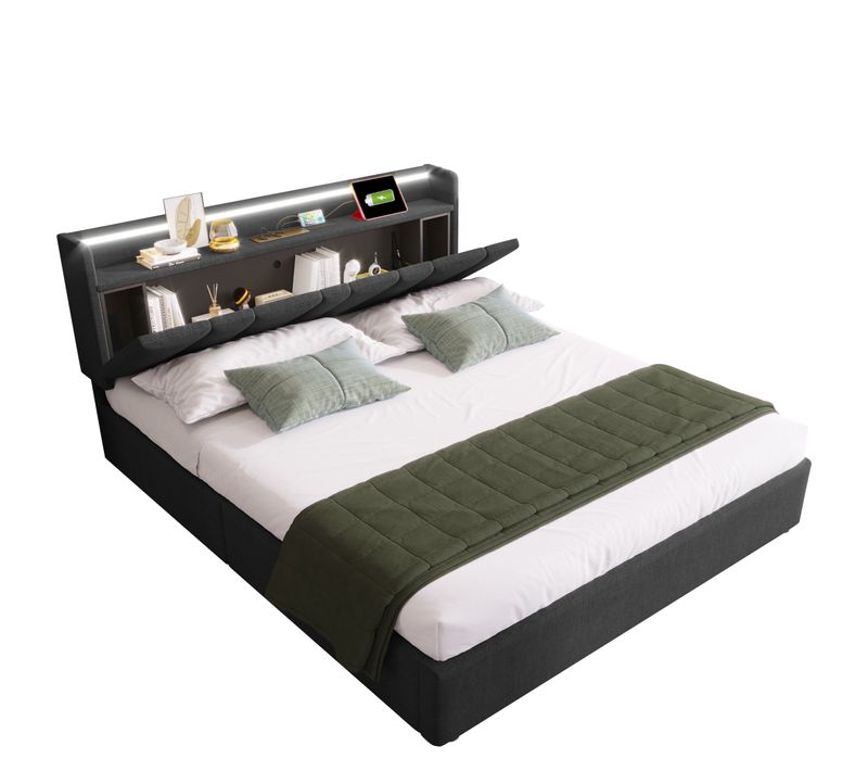 Lit Coffre 160x200 Cm, Tête De Lit Avec Rangement, Éclairage LED, Prises USB, Fer, Bois, Lin, Gris