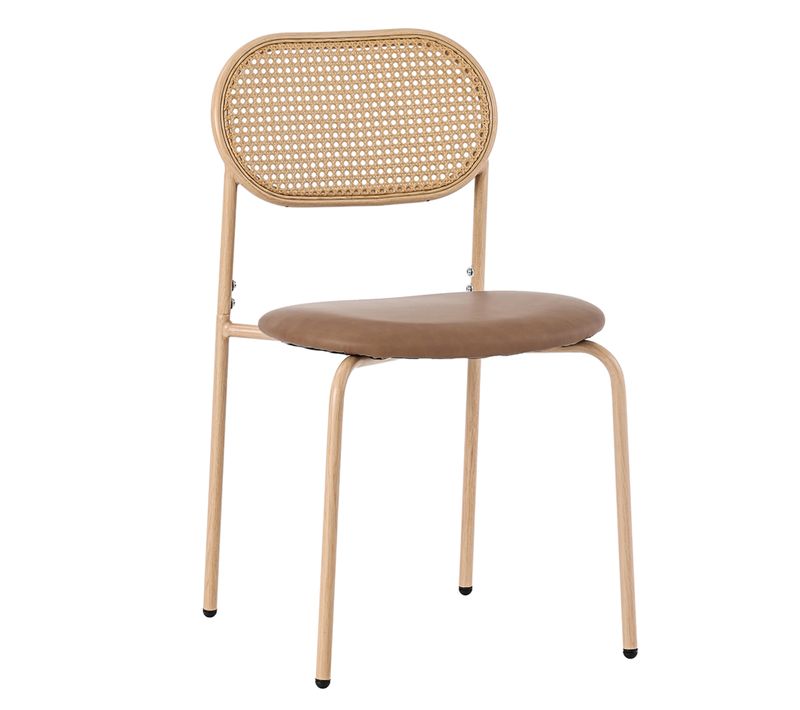 Lot De 4 Chaise De Salle à Manger 48x46x80cm, Dossier Ovale En Rotin, Assise En Pu, Pied Métal, Brun