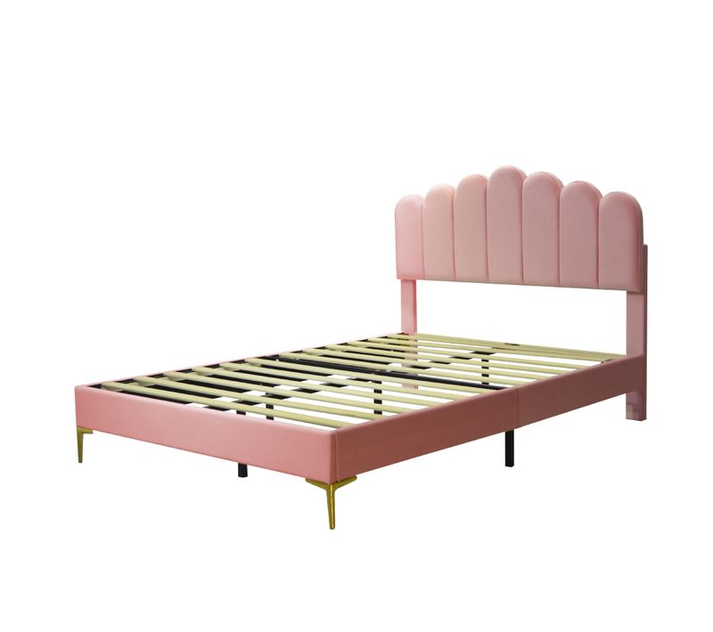 Lit Double 140x200 Cm, Tête Réglable En 3 Positions, Mdf Et Métal, Design Moderne, Velours Rose